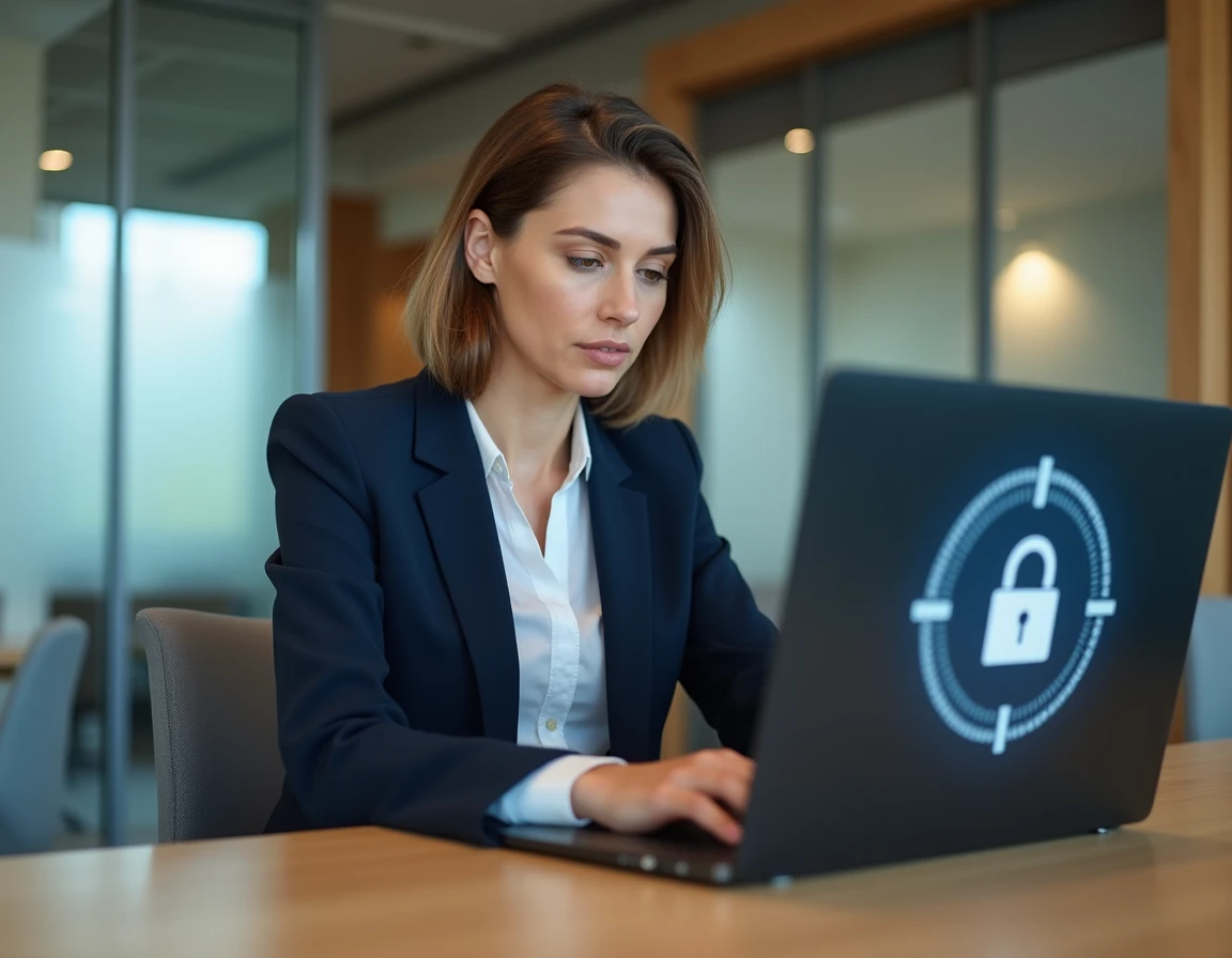 Femme professionnelle gérant son espace Securitas en ligne depuis un bureau moderne