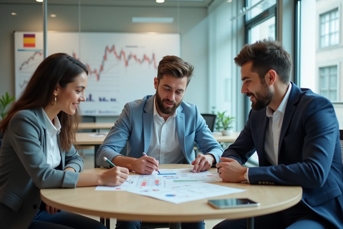 Groupe de jeunes professionnels discutant de stratégies d'investissement en bourse autour d'une table dans un bureau financier moderne