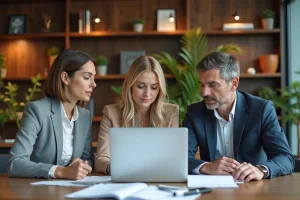 Groupe de professionnels discutant stratégie financière en réunion