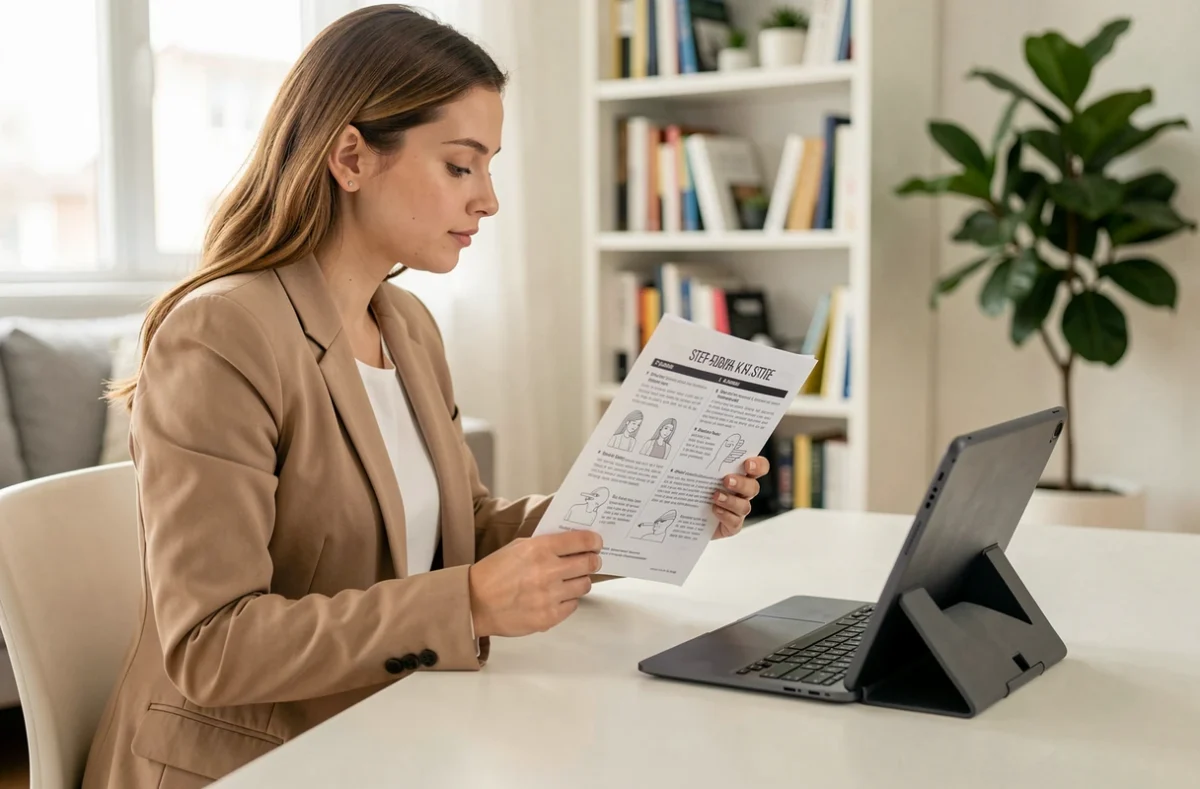 Jeune femme consultant un guide imprimé pour télécharger et configurer le logiciel Mon Proxima sur tablette et ordinateur portable