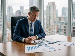 Homme d'affaires en costume dans un bureau moderne
