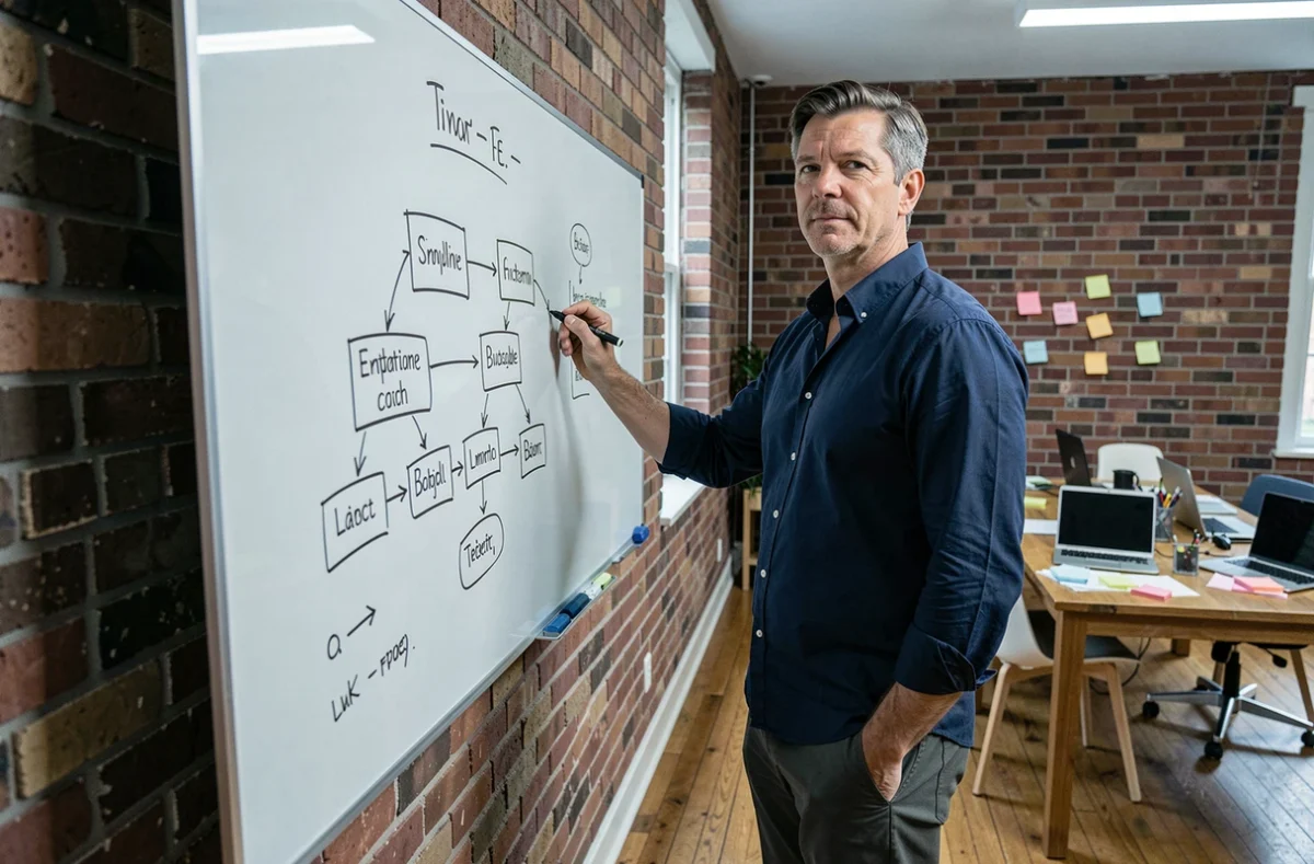 Homme dessinant une architecture de site web sur un tableau en verre blanc dans un studio créatif