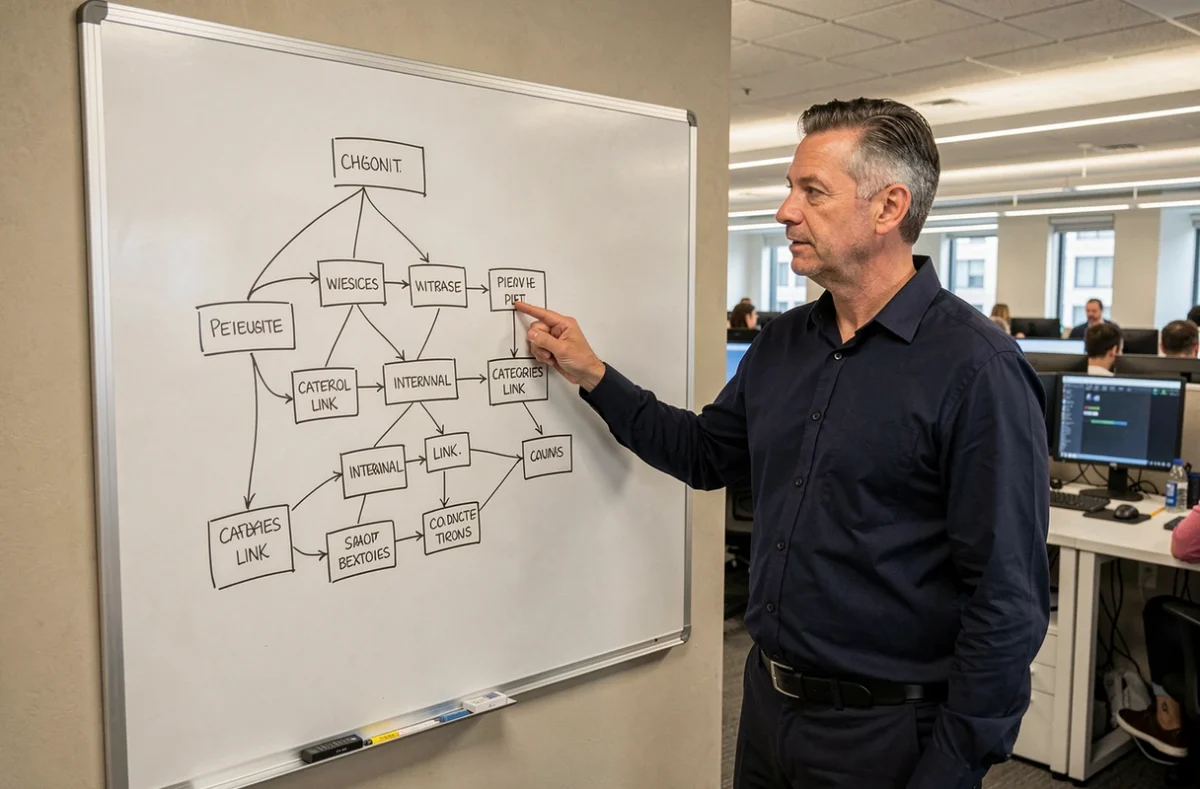 Homme expliquant l'architecture d'un site web sur un tableau blanc dans un bureau professionnel
