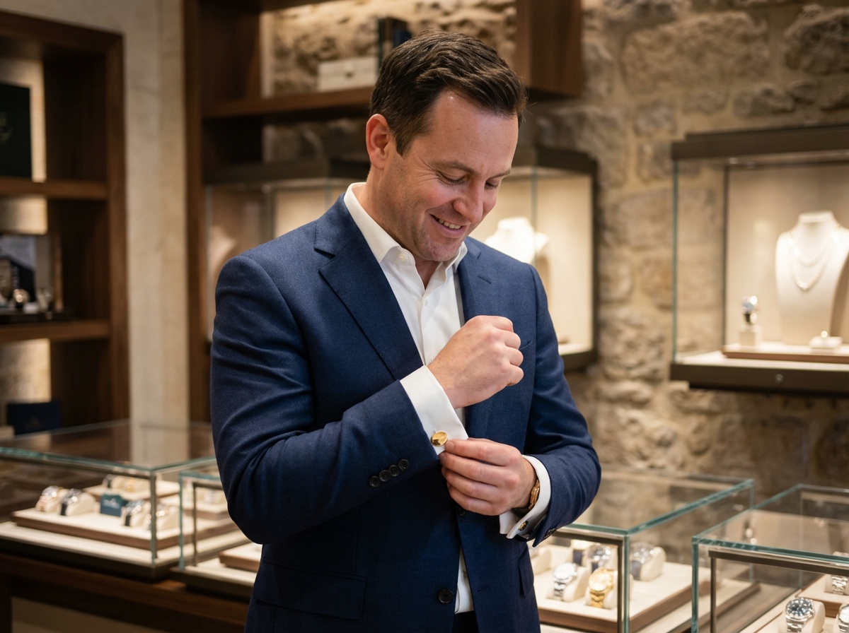 Homme en costume ajusté ajustant une manchette en or