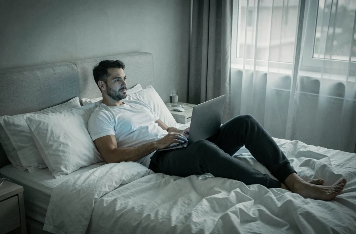 Homme regardant un film en streaming sur son ordinateur portable allongé sur son lit