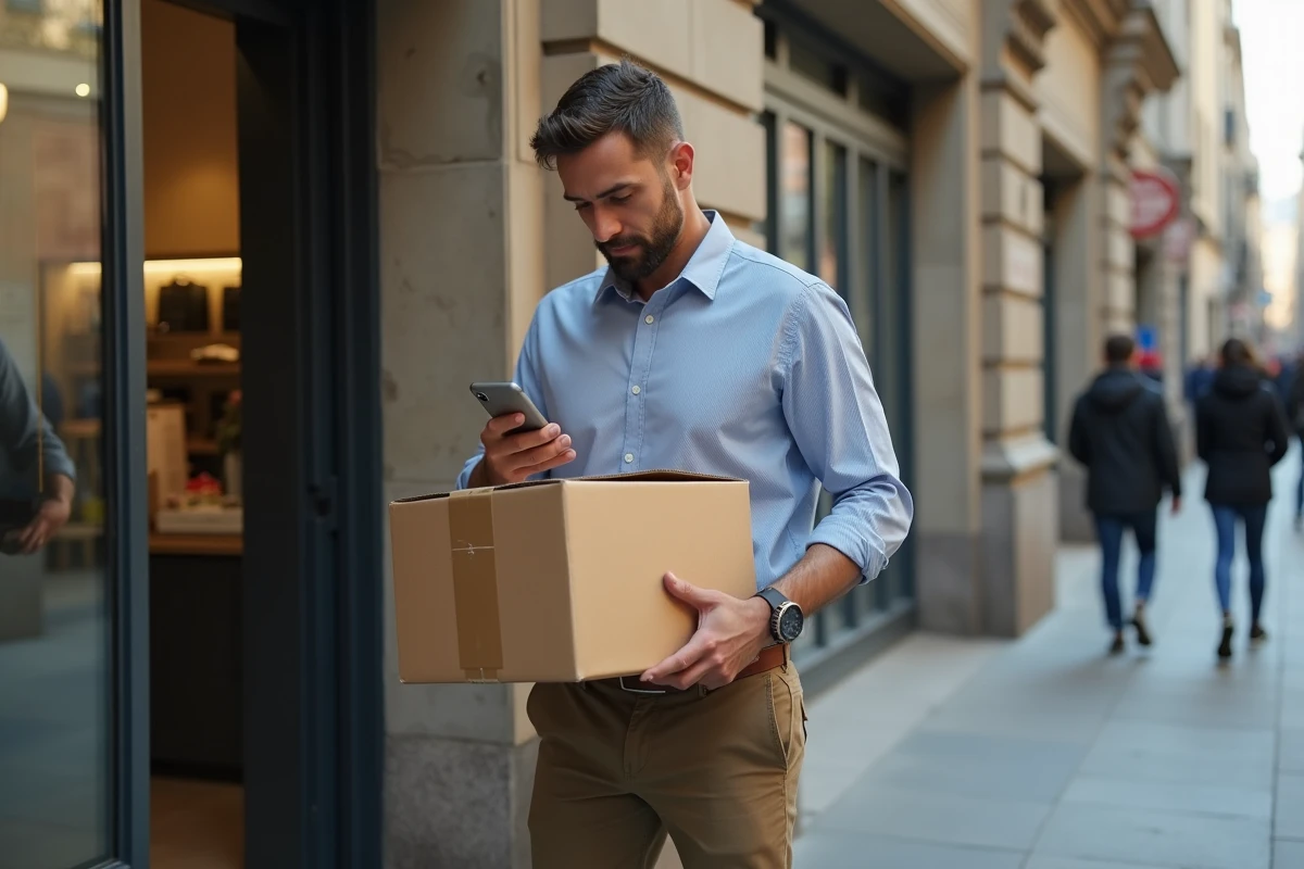 Homme d affaires vérifiant son smartphone devant un magasin