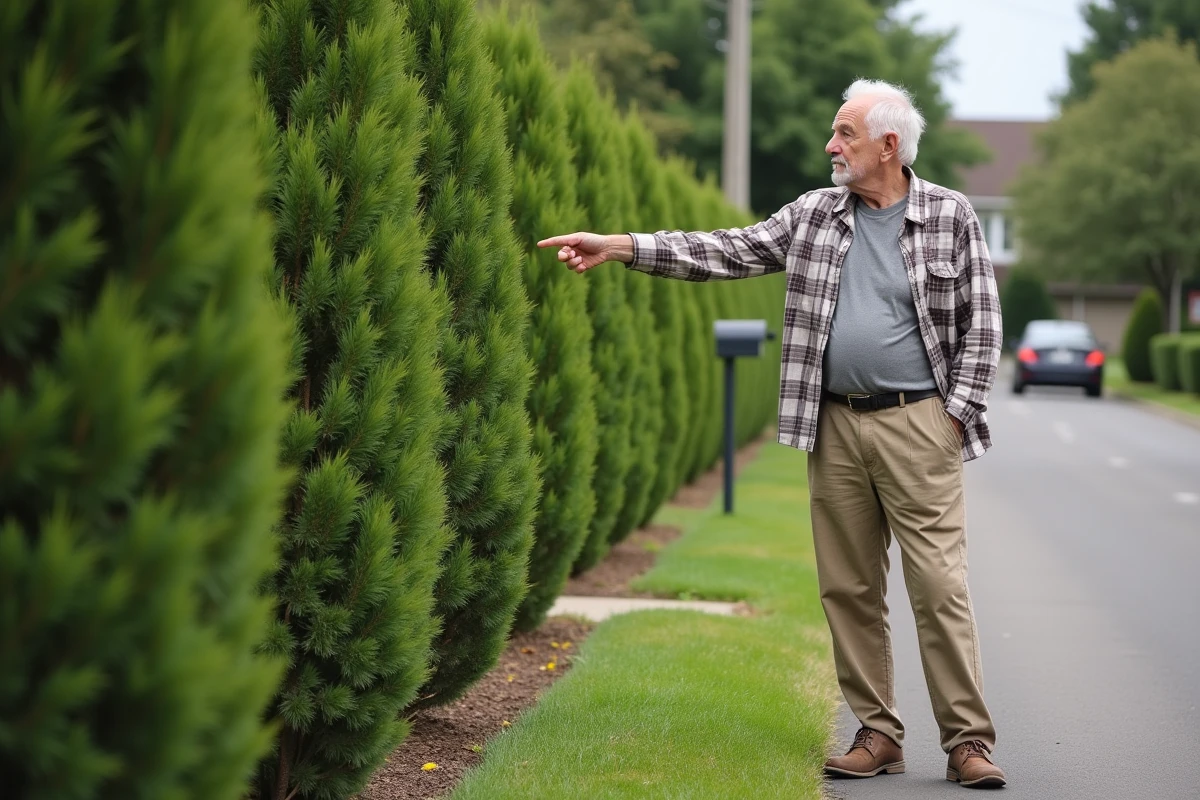 Homme âgé indiquant une rangée de saule crevette dans la rue