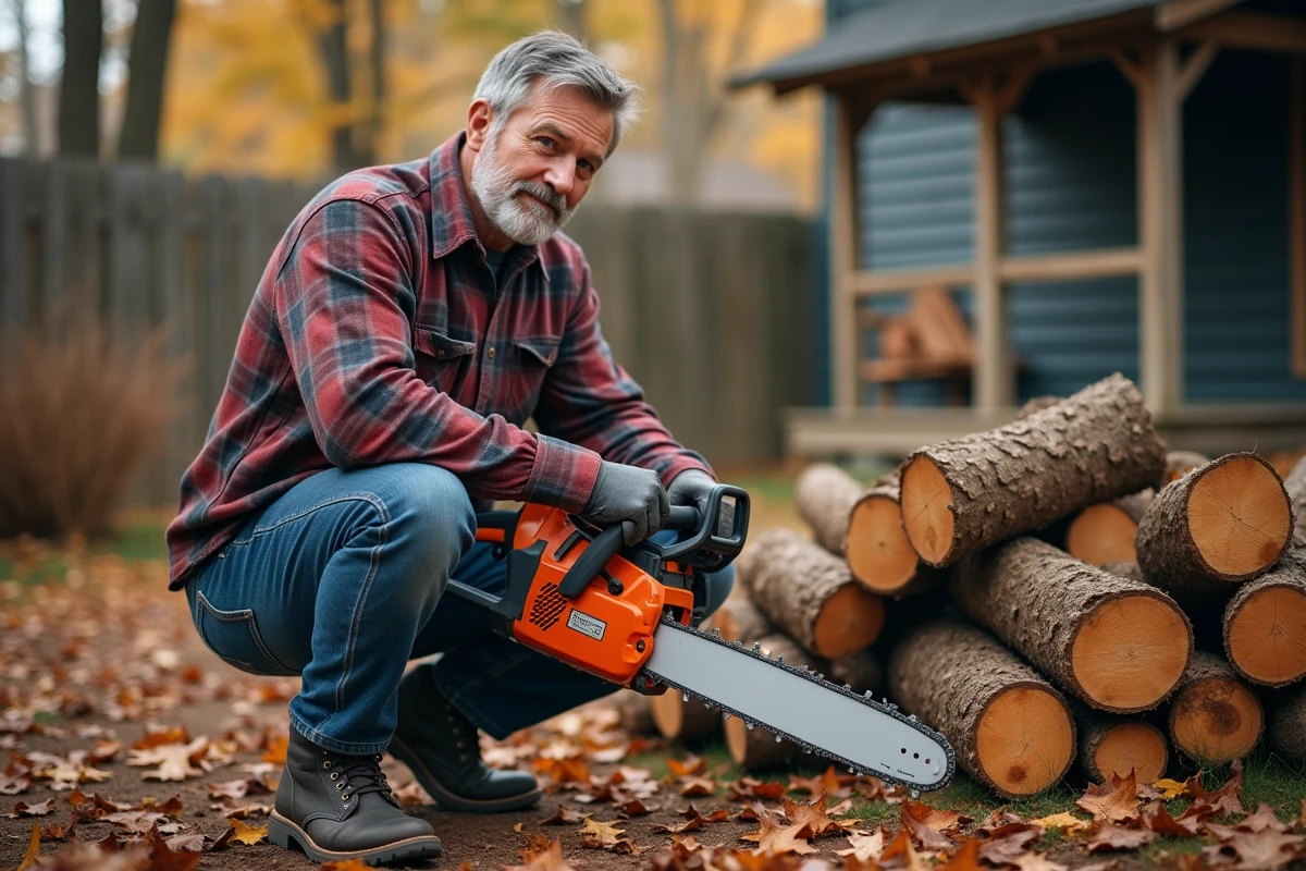 Homme évaluant les performances de la Husqvarna 445 après une session de coupe de bois dans un jardin rural en automne