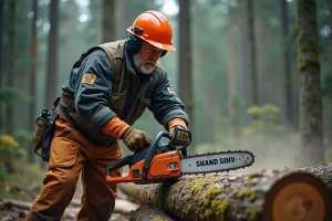 Bûcheron professionnel utilisant une tronçonneuse Husqvarna 445 pour couper un tronc de pin en forêt