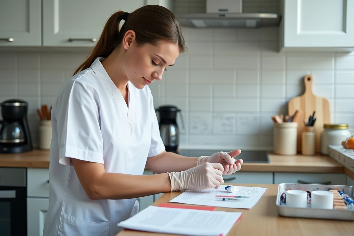 Infirmière à domicile préparant le matériel de soins sur le plan de travail d'une cuisine