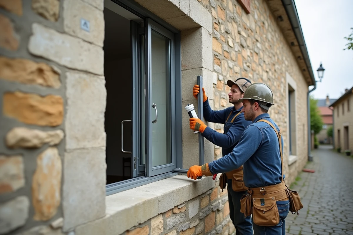 Deux ouvriers posant une nouvelle fenêtre double vitrage sur la façade d'une maison en pierre française