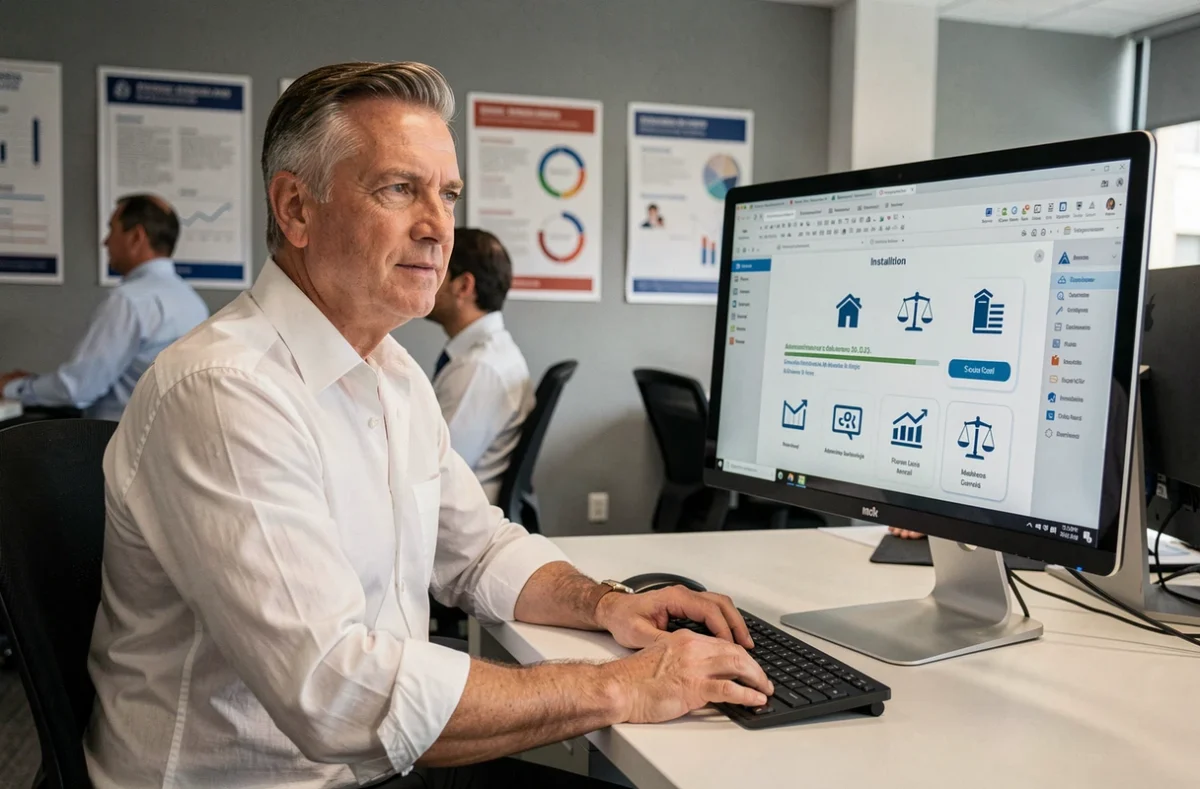Professionnel installant le logiciel de gestion de tutelle Mon Proxima sur un poste de travail dans un bureau administratif