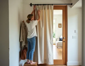 Femme installant un rideau de porte d'entrée en lin sur une tringle à tension dans un couloir d'intérieur