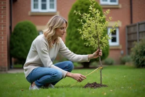 Femme mesurant un jeune saule crevette dans son jardin