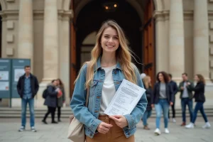 Jeune femme souriante avec certificat France Travail devant un musée