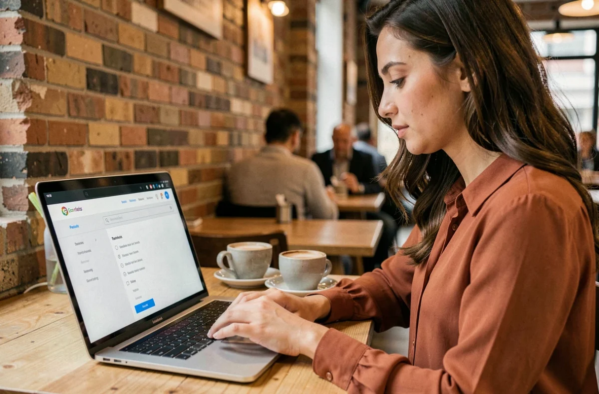 Jeune femme étudiant la structure de navigation d'un site web sur son ordinateur portable dans un café