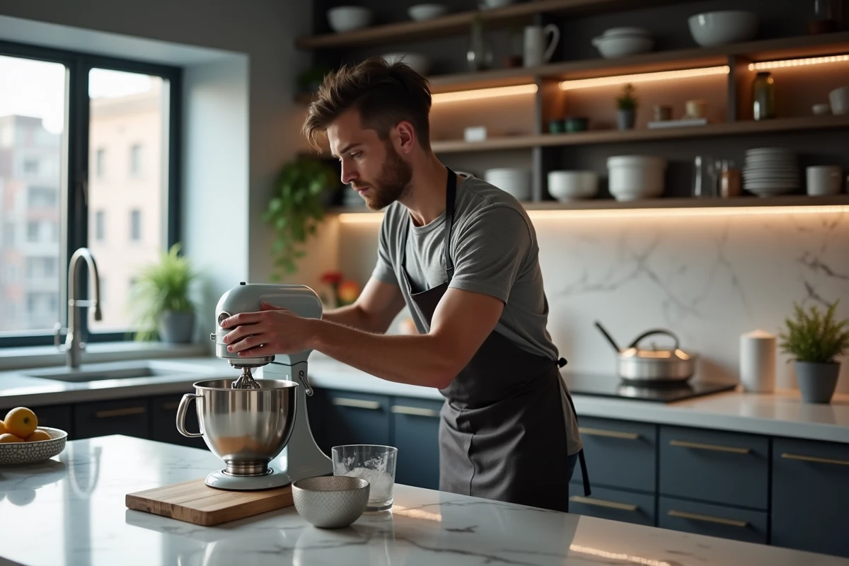 Jeune homme concentré utilisant un robot pâtissier dans la cuisine