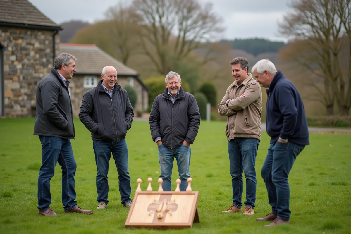Collègues hilares en train de jouer à des jeux bretons traditionnels avec Autreman lors d'un team building décalé