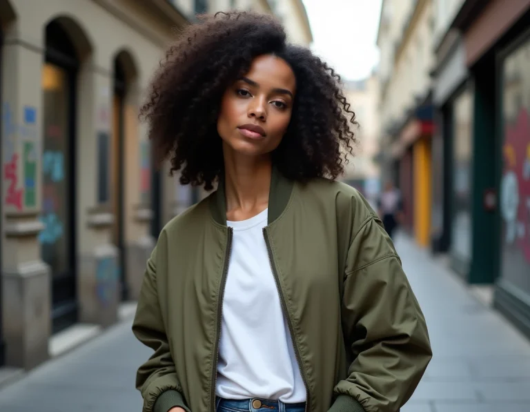 Jeune femme d'origine nord-africaine en veste bomber dans une rue parisienne urbaine, portrait éditorial