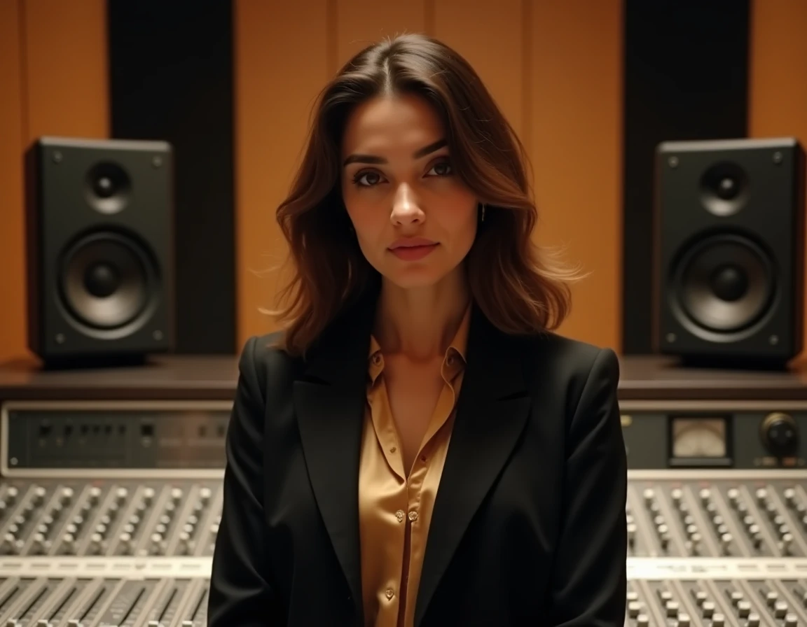Chanteuse franco-algérienne en studio d'enregistrement professionnel devant une console de mixage, portrait éditorial