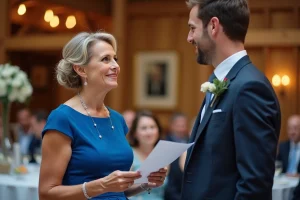Femme en robe bleue tenant un discours lors d'un mariage