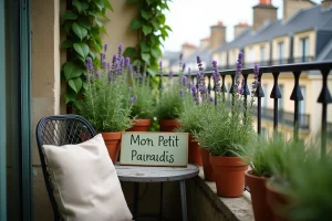 Petit balcon parisien fleuri avec une pancarte en bois gravée 'Mon Petit Paradis' entourée de lavande et romarin en pots