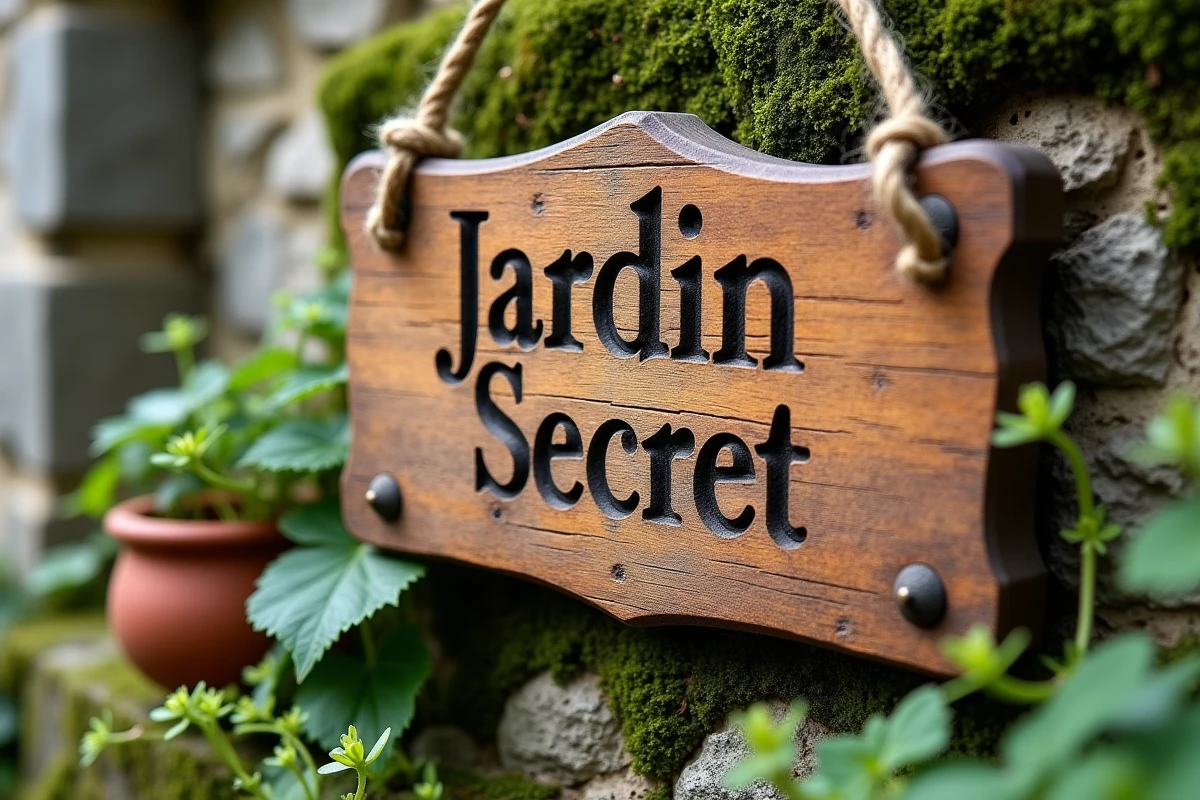 Panneau en bois gravé 'Jardin Secret' accroché sur un mur en pierre recouvert de mousse dans un jardin de campagne