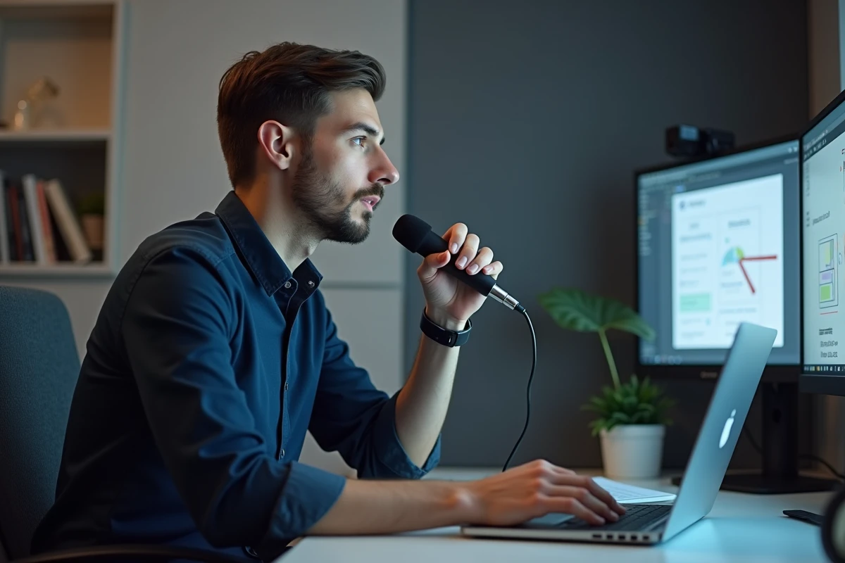 Professeur particulier en ligne animant un cours à distance depuis son bureau à domicile équipé d'un microphone et d'un tableau numérique