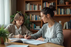 Professeure particulière à domicile aidant un élève adolescent à travailler sur un manuel scolaire dans un bureau chaleureux