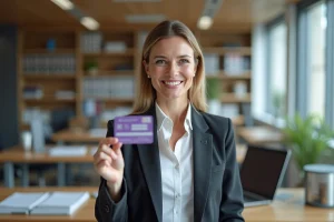 Femme professionnelle de santé française souriante avec carte