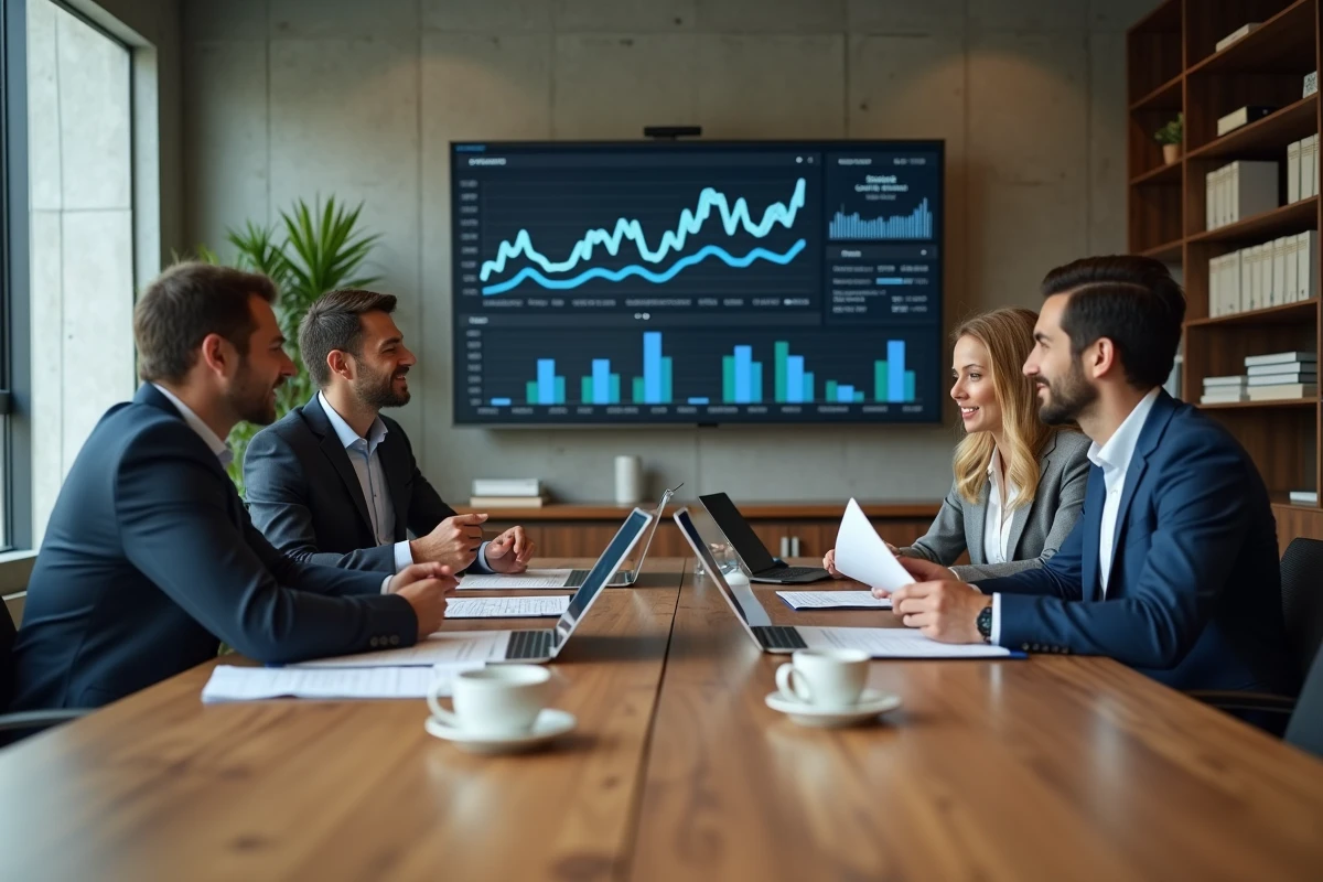 Équipe de professionnels en réunion d'affaires autour d'une table de conférence avec graphiques financiers et analyses de tendances
