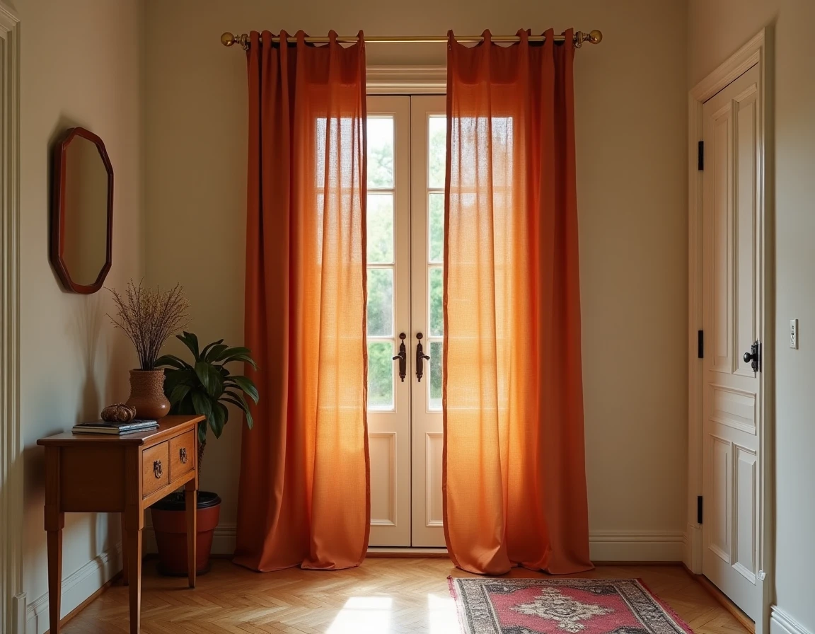Rideau de porte d'entrée en coton tissé terracotta sur tringle en laiton dans un couloir chaleureux