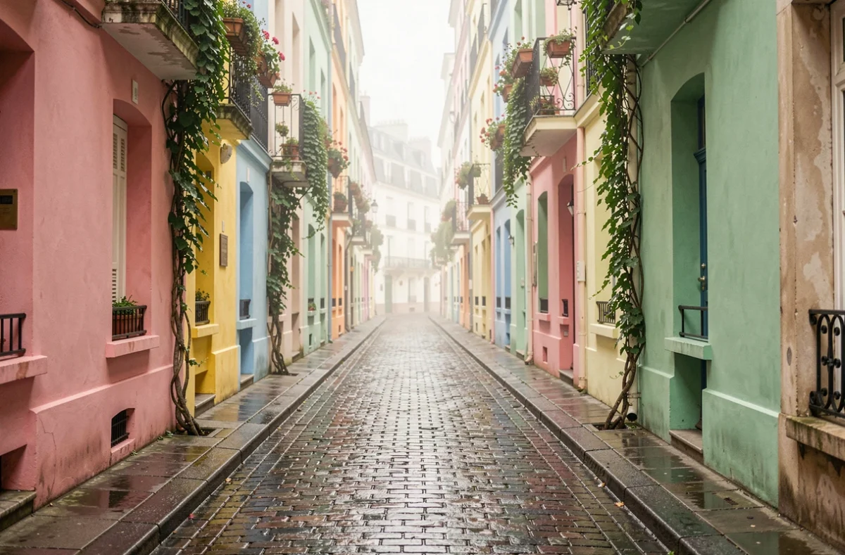 Vue en perspective de la rue Crémieux à Paris, bordée de maisons colorées aux façades pastel et pavés mouillés au petit matin
