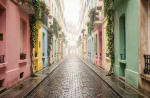 Vue en perspective de la rue Crémieux à Paris, bordée de maisons colorées aux façades pastel et pavés mouillés au petit matin