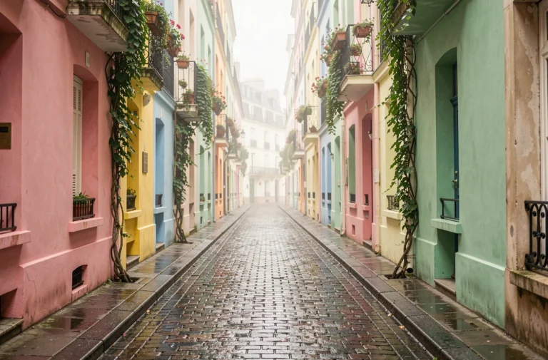 Vue en perspective de la rue Crémieux à Paris, bordée de maisons colorées aux façades pastel et pavés mouillés au petit matin