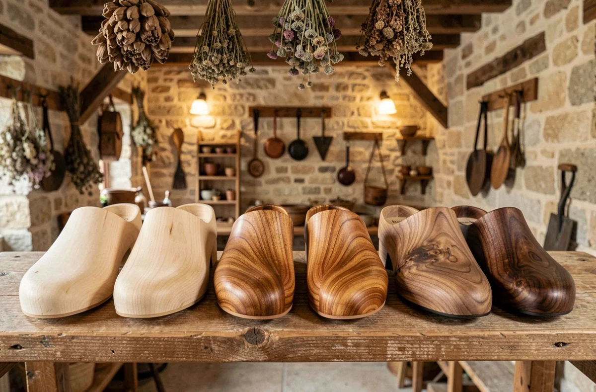 Sabots artisanaux en bois de peuplier, hêtre et noyer exposés dans une boutique d'artisan