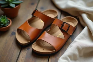 Paire de sandales en cuir minimaliste avec semelle en liège et brides à boucles, posées sur une surface en bois brut, alternative élégante aux Birkenstock