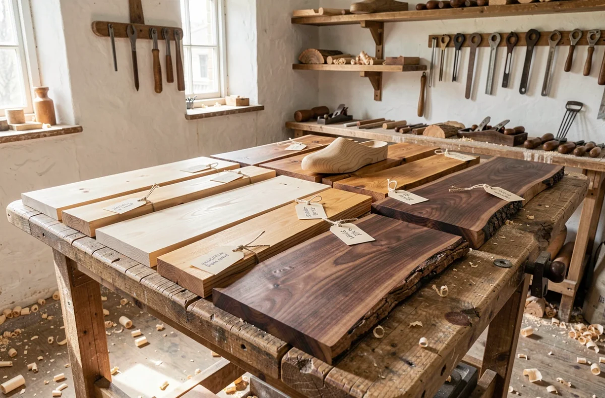 Sélection de bois variés pour la fabrication artisanale de sabots sur un établi d'atelier