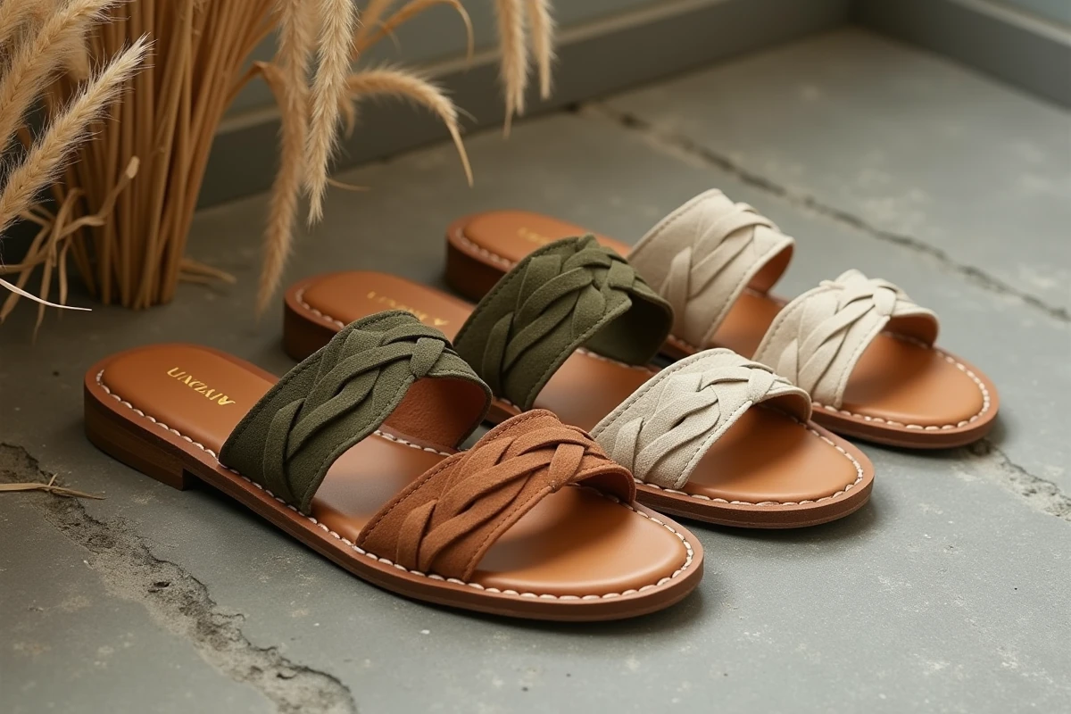 Plusieurs paires de sandales plates tendance en cuir camel, vert olive et blanc cassé arrangées sur béton brut, sélection d'alternatives modernes et confortables aux Birkenstock