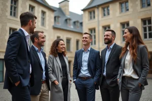Groupe de professionnels souriants lors d'un team building dans le centre historique de Rennes