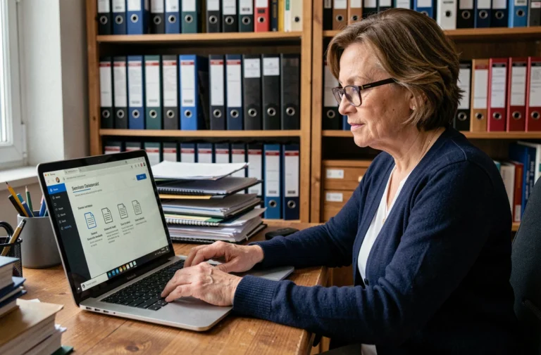 Femme d'âge mûr téléchargeant le logiciel Mon Proxima pour la tutelle sur un ordinateur portable dans un bureau à domicile